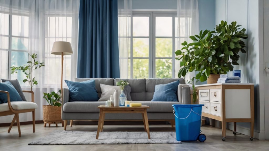 Schön gereginigte und geputzte Wohnzimmer in blau