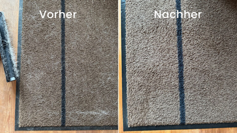 Vorher-Nachher-Vergleich der Tierhaar-Entfernung auf einem schmutzigen Teppich – links stark mit Tierhaaren und Schmutz bedeckt, rechts sauber und haarfrei.