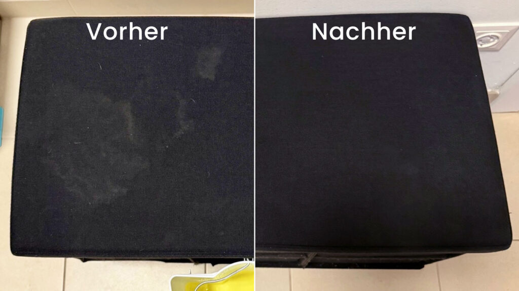 Vorher-Nachher-Vergleich einer Möbelreinigung – links ein stark verschmutzter Sitzhocker, rechts derselbe Hocker gründlich gereinigt und deutlich sauberer