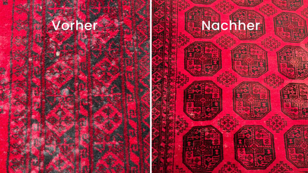 Vergleich der Teppichreinigung – links stark verschmutzter Teppich vor der Reinigung, rechts derselbe Teppich nach der Reinigung, sichtbar sauberer und aufgefrischt.