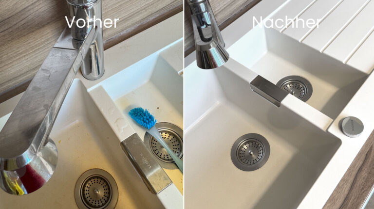 Waschbecken vor und nach der Reinigung durch Kristina – links sichtbar verschmutzt, rechts glänzend sauber und gepflegt