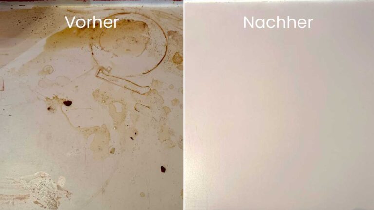 Stark verschmutzte Oberfläche vor und nach der Reinigung – oben im Bild schmutzig, unten sauber