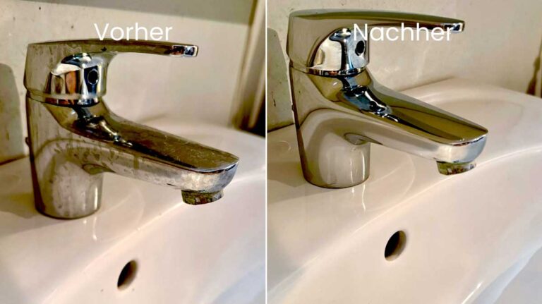 Wasserhahnreinigung – vorher und nachher: stark verkalkter Wasserhahn im oberen Bild, glänzend sauberer Wasserhahn im unteren Bild nach der Reinigung.
